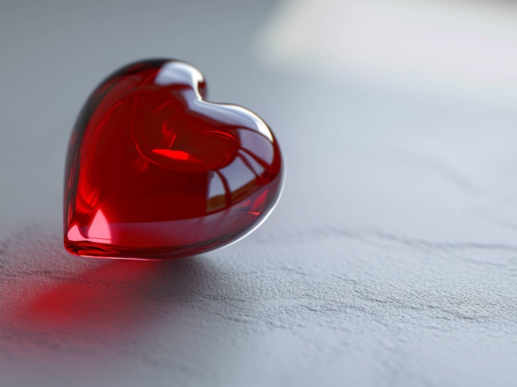 Красное стеклянное сердце на сером столе