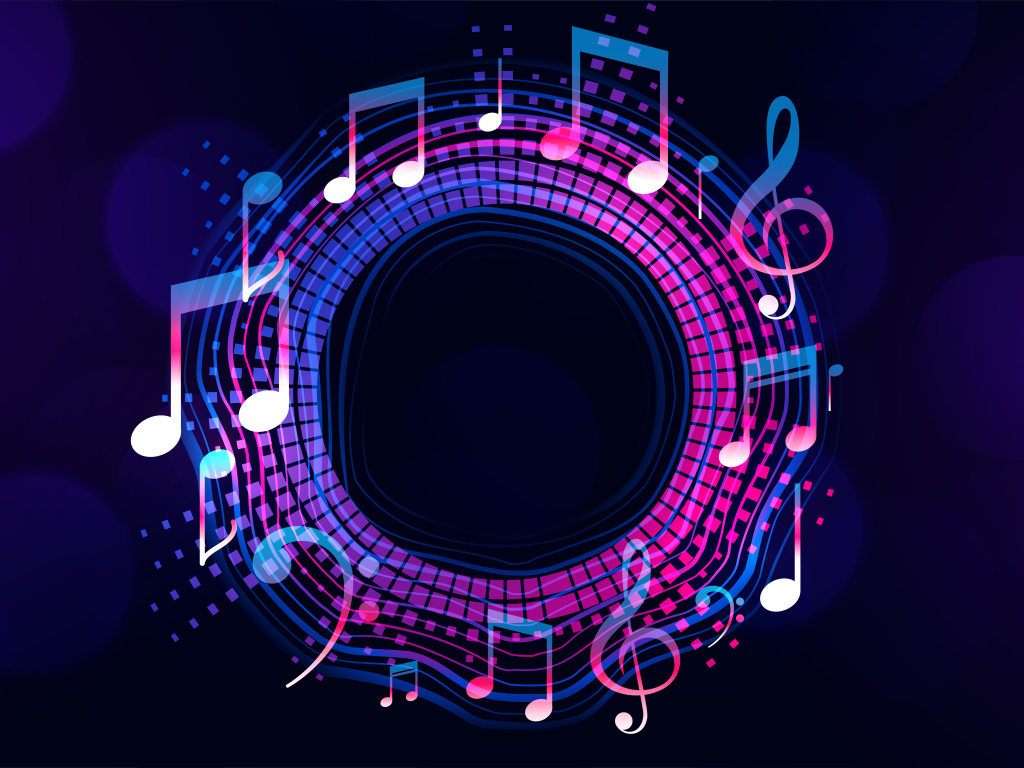 Круг с нотами на неоновом фоне