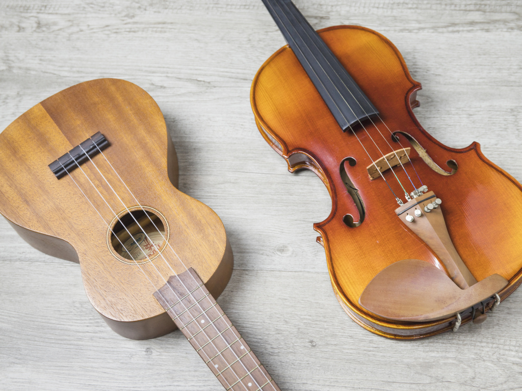 Скрипка и гитара на деревянном фоне