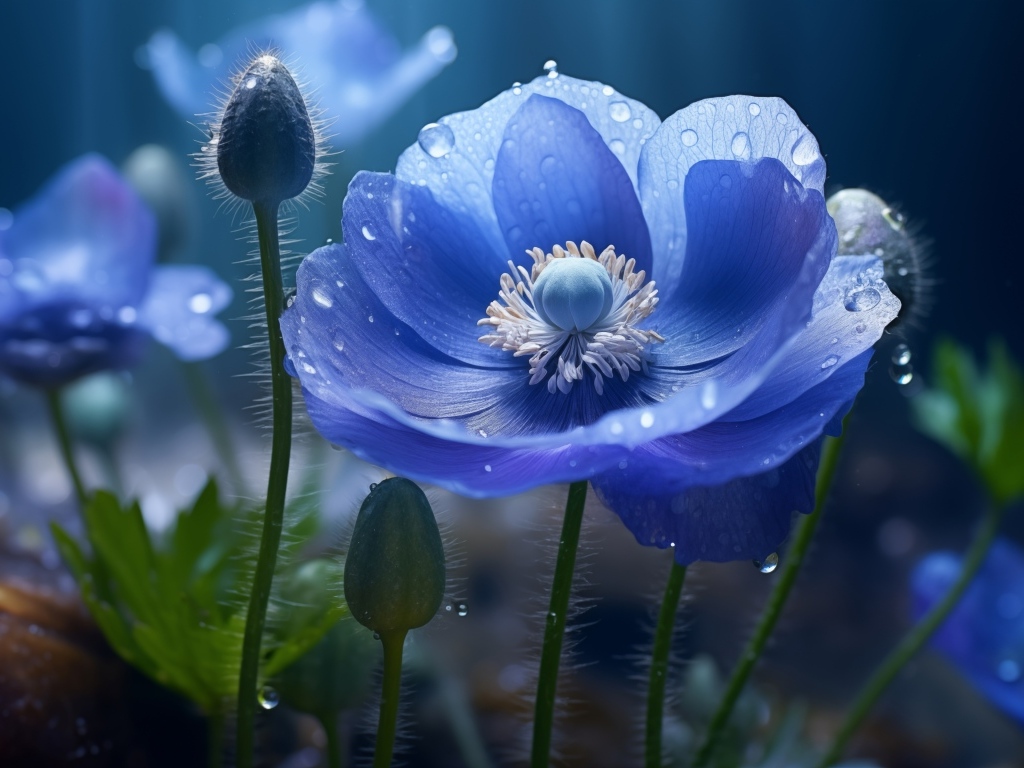 Красивый синий цветок мака с бутонами в каплях воды