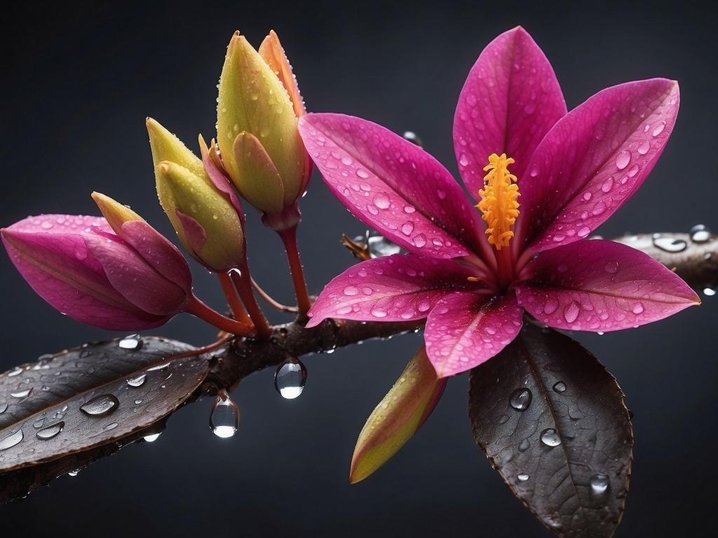 Розовый весенний цветок на ветке с бутонами в каплях дождя