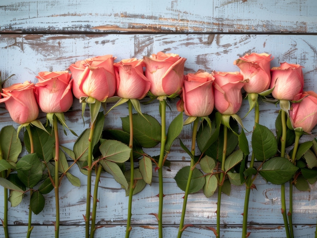 Ряд из розовых роз на деревянном столе