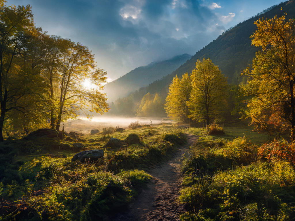 Лес в тумане у гор осенью