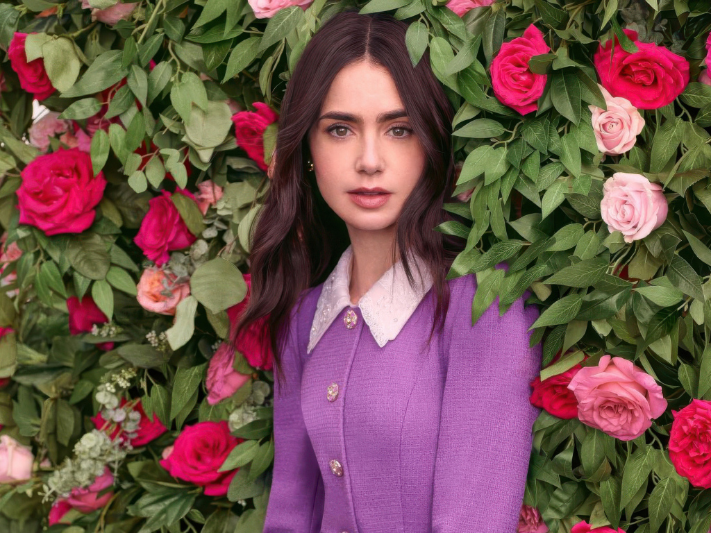 Актриса Лили Коллинз стоит у цветов