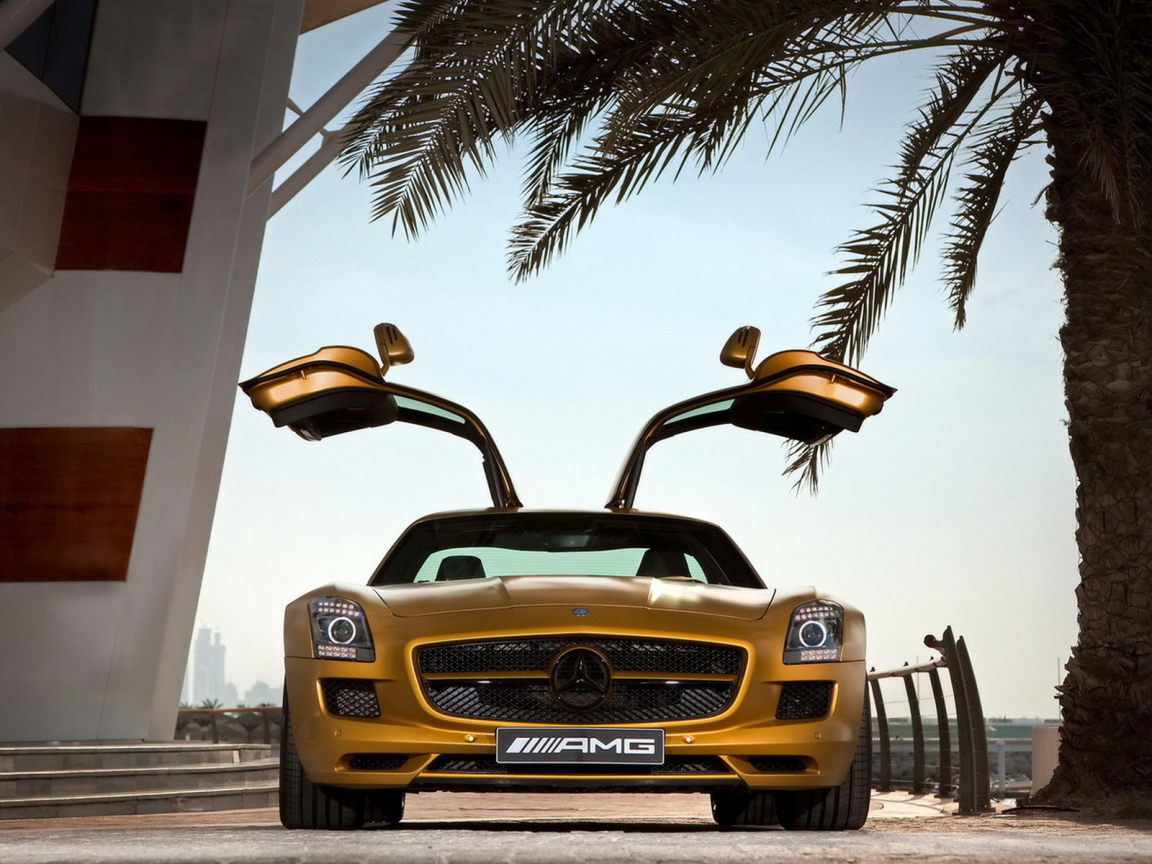 Mercedes Benz SLS AMG Desert Gold в тени пальмы