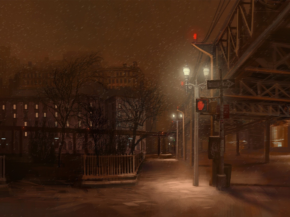 Мелкий снег на ночной улице