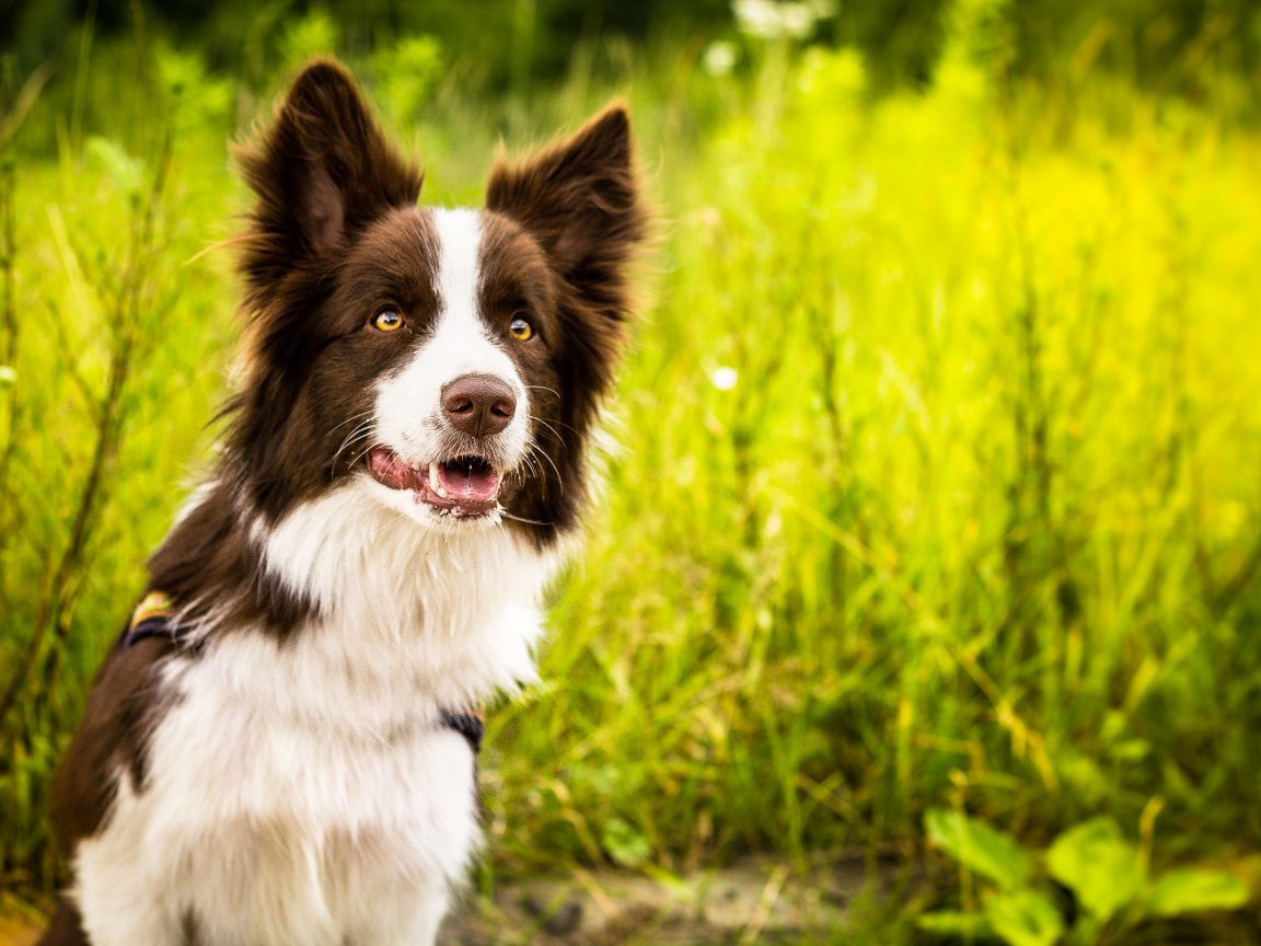 Бордер-колли на фоне зелёной травы