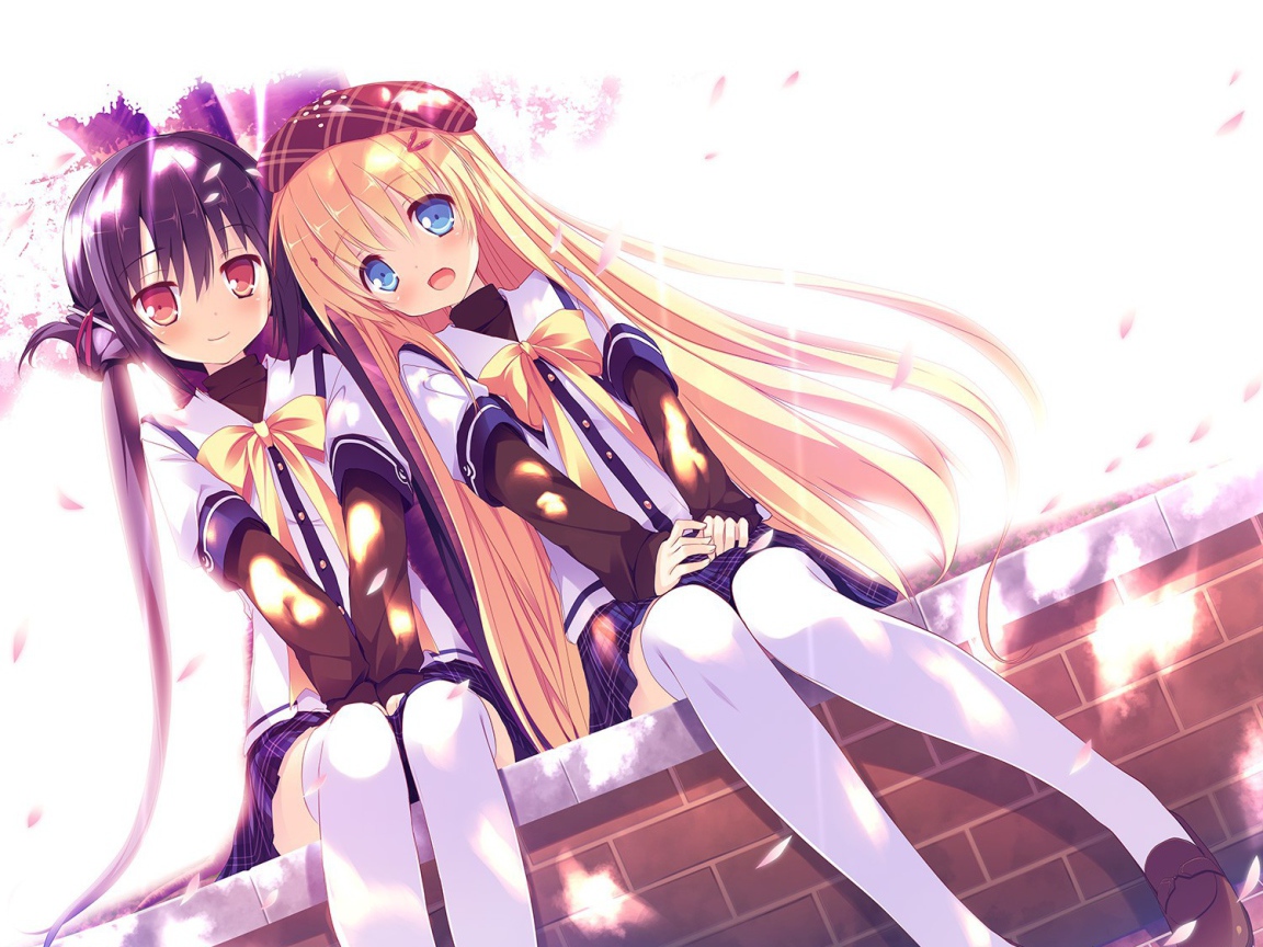 Аниме девочки сидят на бордюре