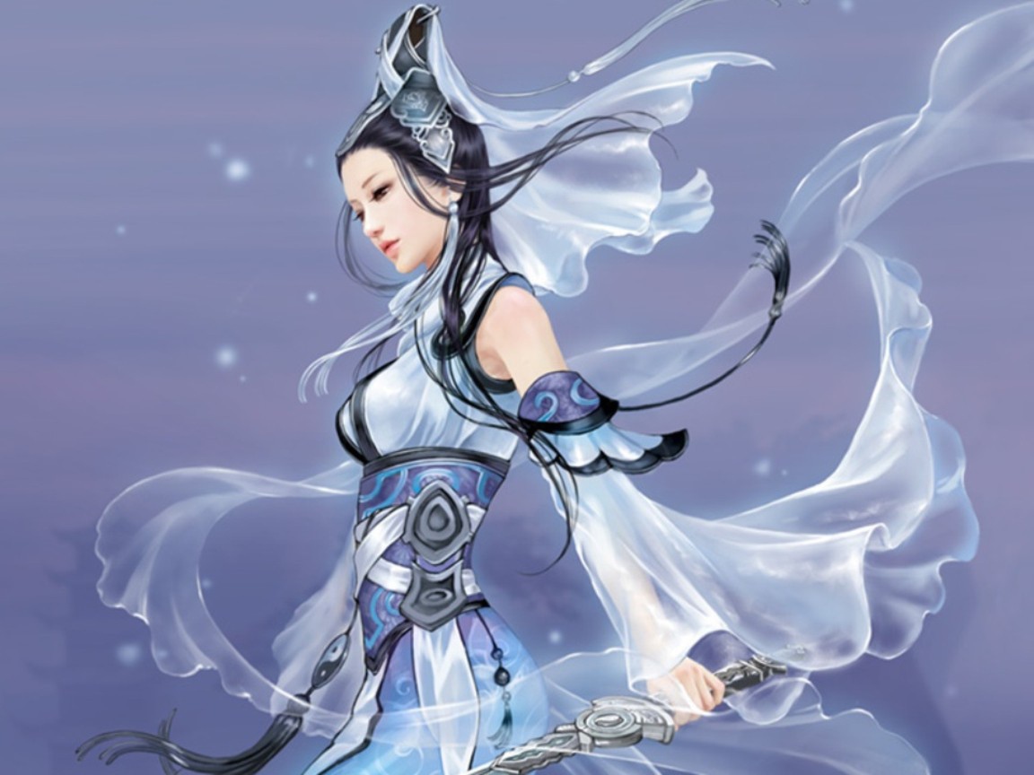 Девушка в голубой одежде с мечом