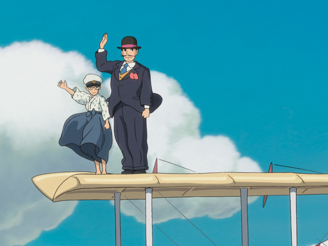 Аниме мультфильм Миядзаки Kaze tachinu, персонажи машут рукой