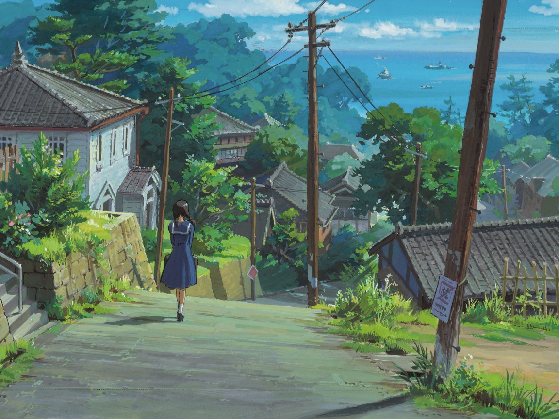 Miyazaki's anime cartoon, girl walking along the road
