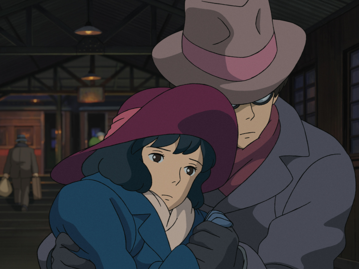 The wind rises аниме мультфильм Миядзаки, персонажи обнимаются