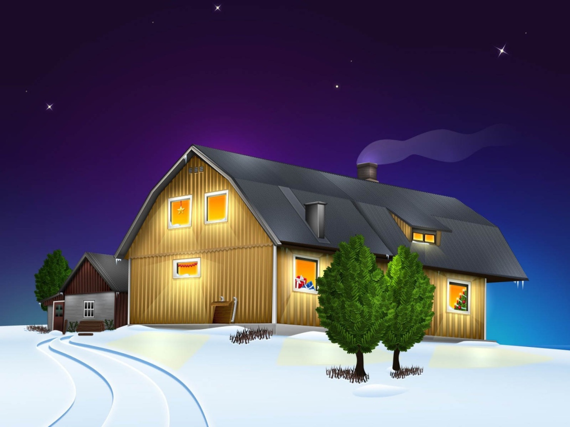 Дом с подарками на подоконнике на рождество