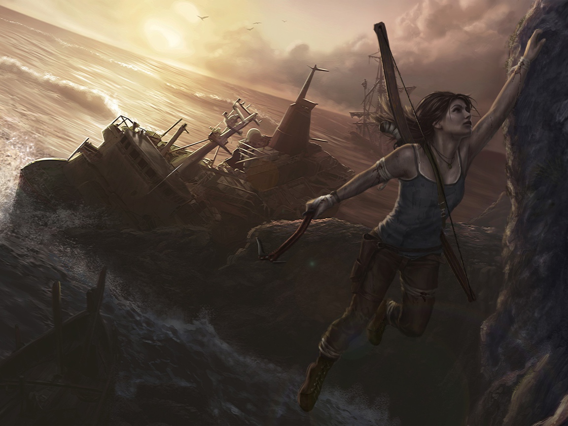 Девушка с луком висит на скале