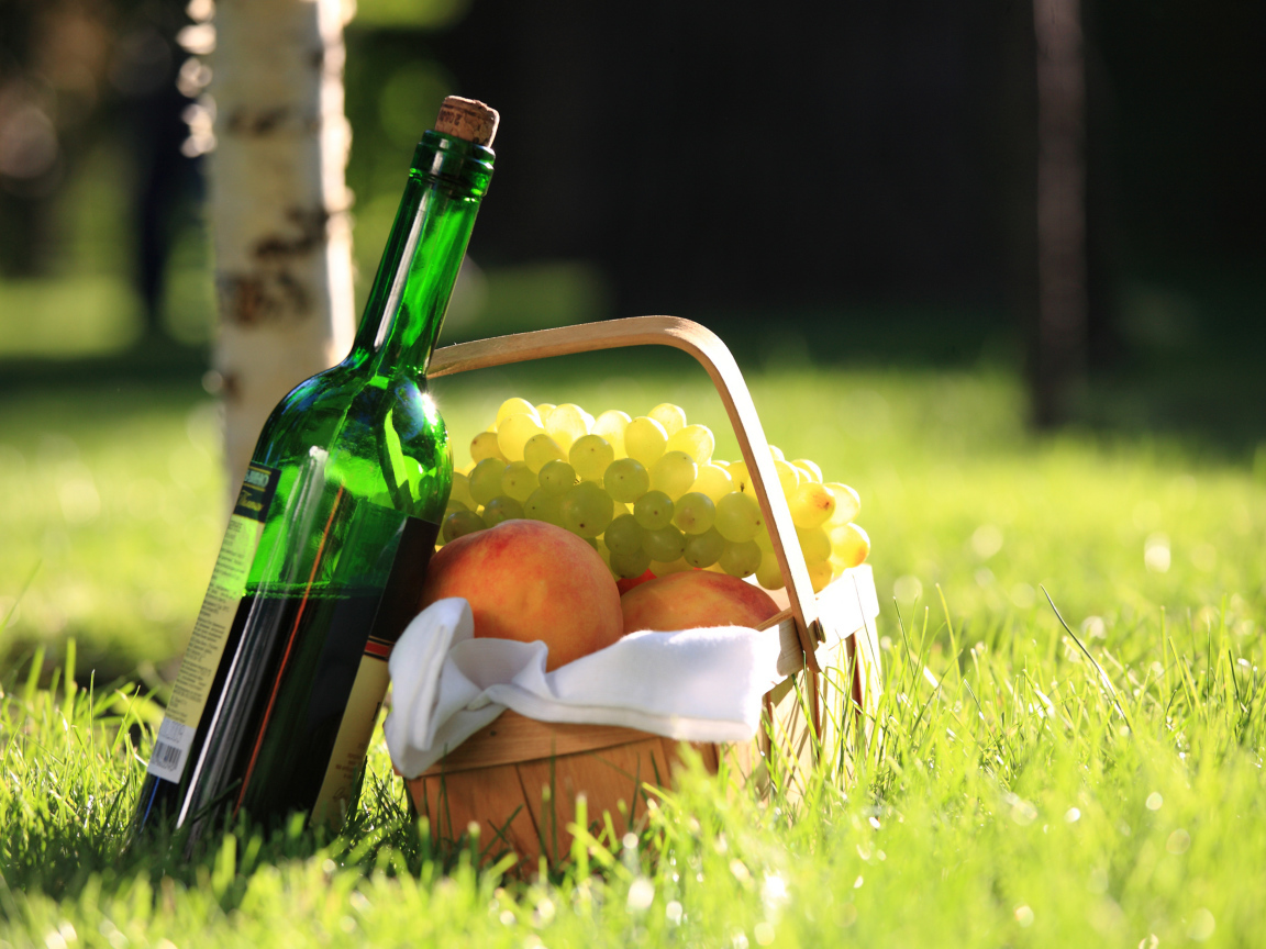 Бутылка вина и фрукты на природе
