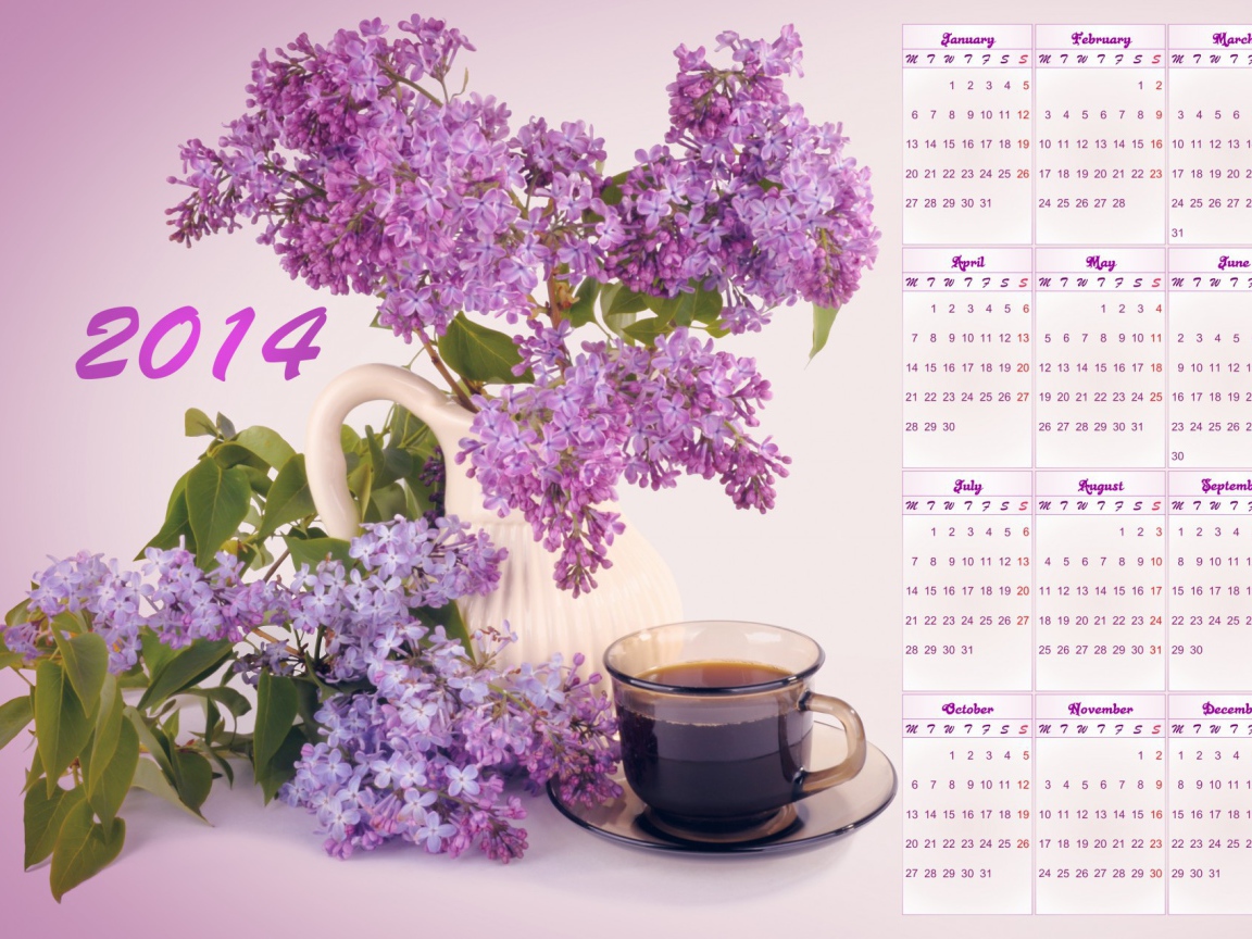 Календарь на Новый Год 2014, сиреневый фон