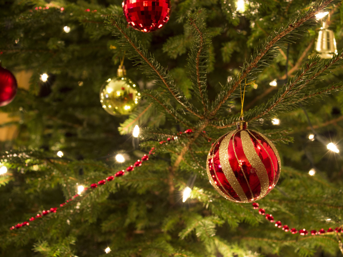 Красная игрушка на новогодней елкe