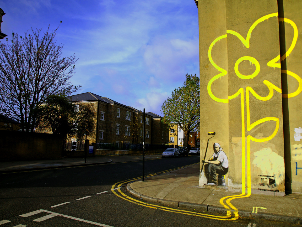 Граффити, жёлтый цветок, Бэнкси