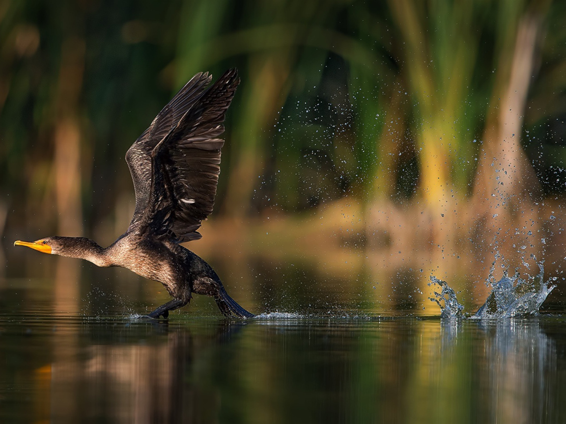 Утка взлетает с воды