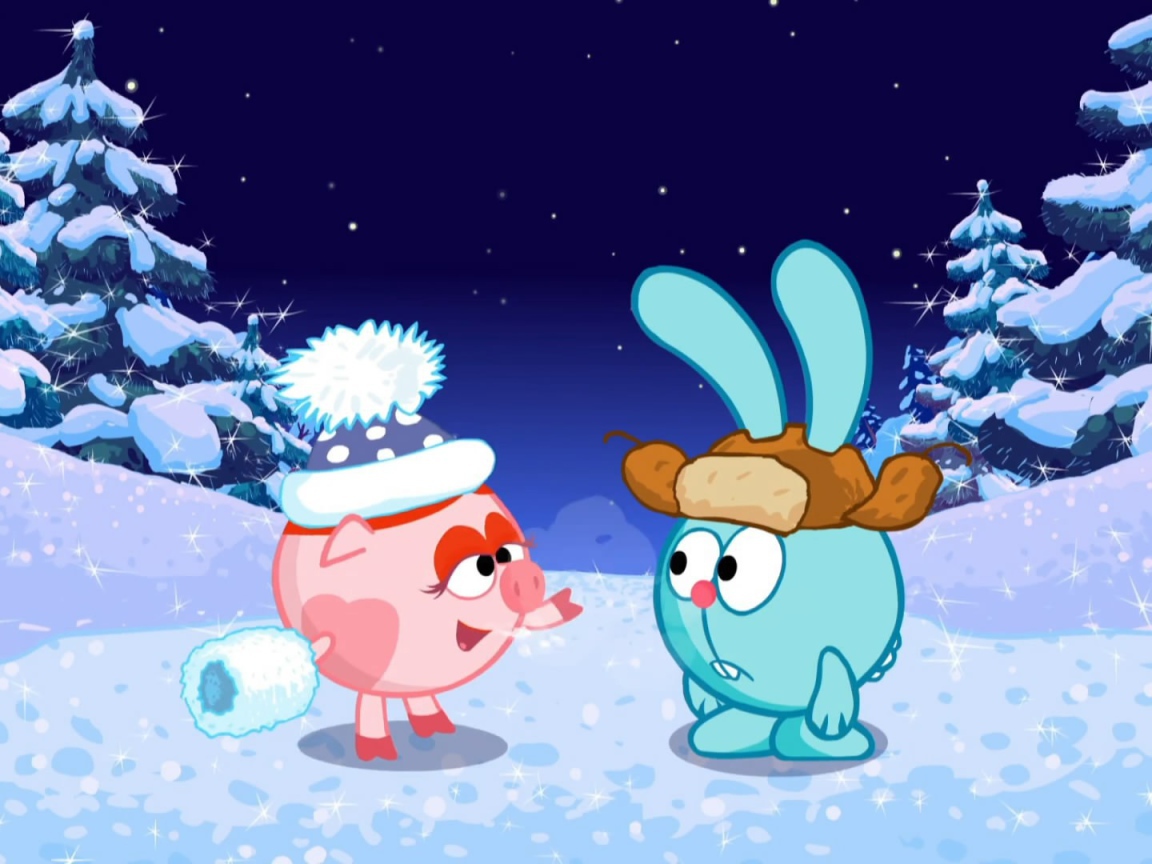 Croche and Nyusha in winter forest in the cartoon Kikoriki