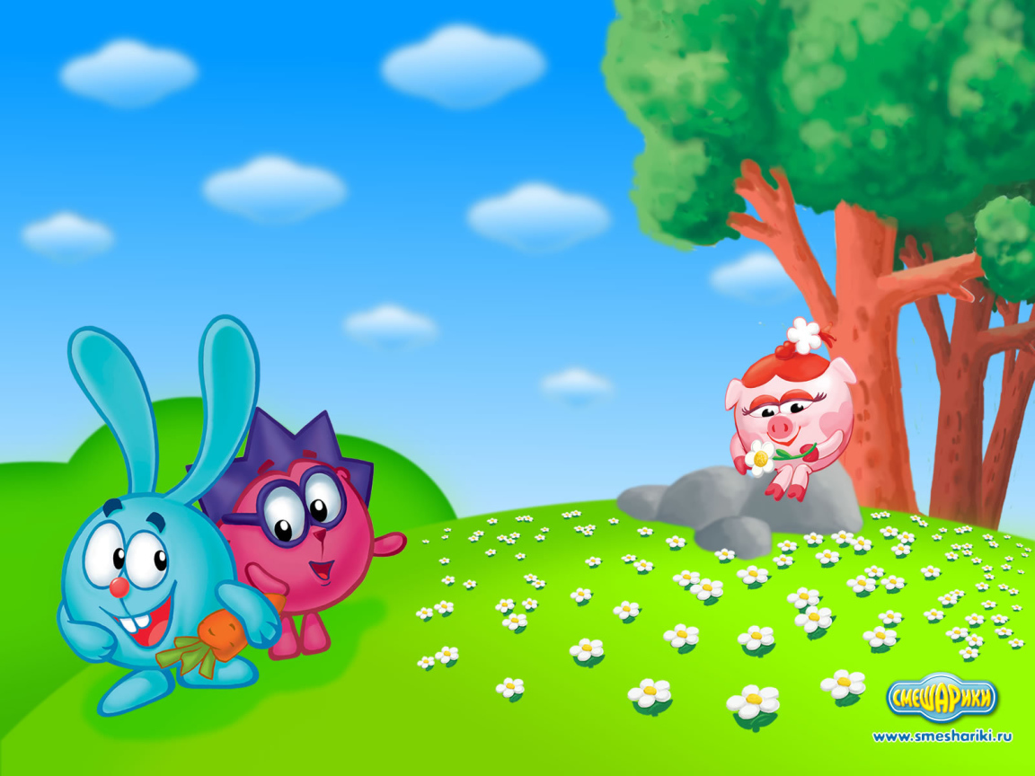 Нюша собирает цветы в мультфильме Смешарики