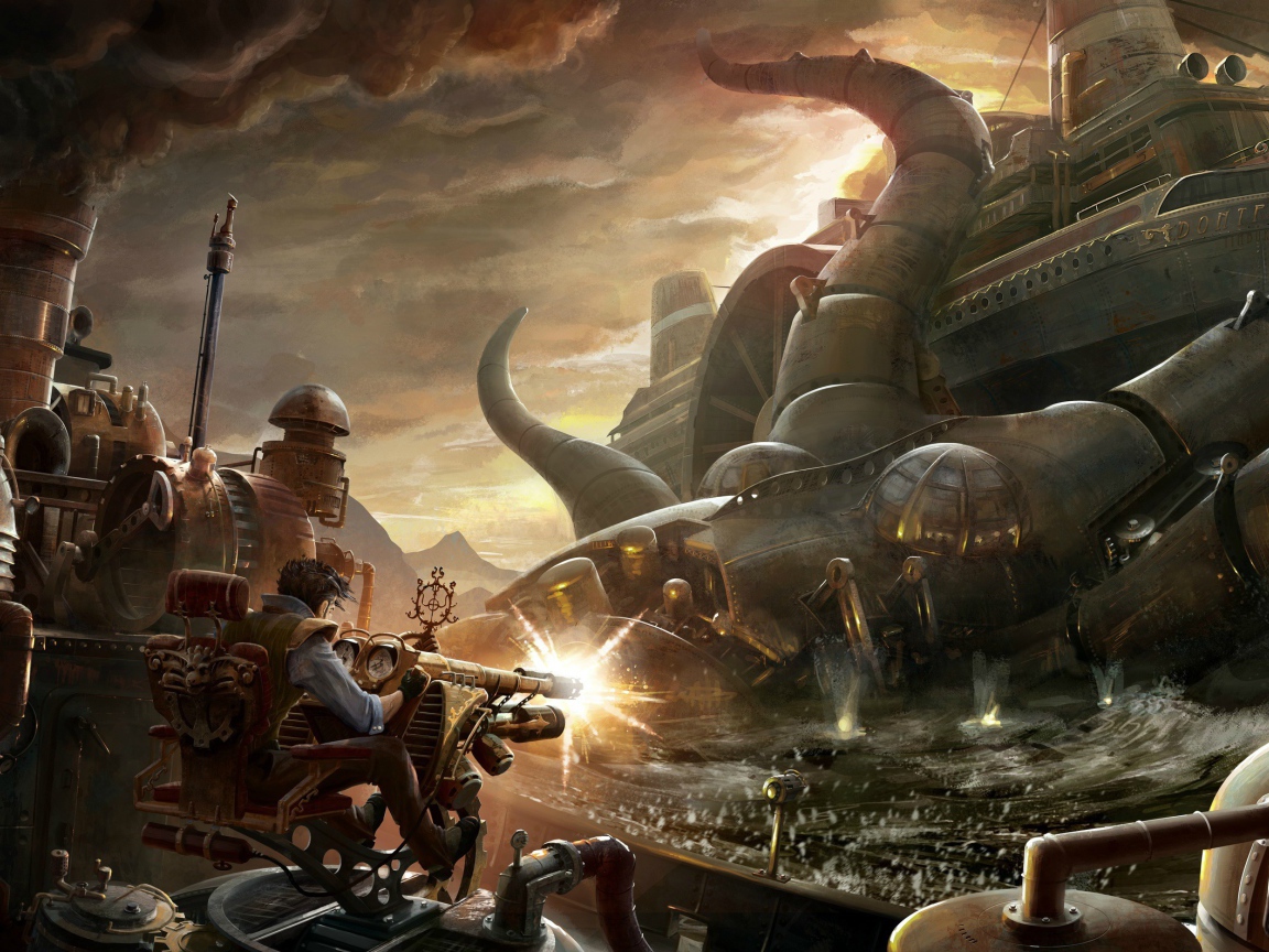 Борьба с металлическим монстром стимпанк