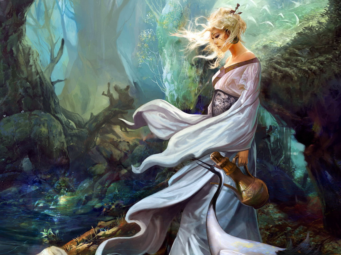 Девушка с кувшином в лесу