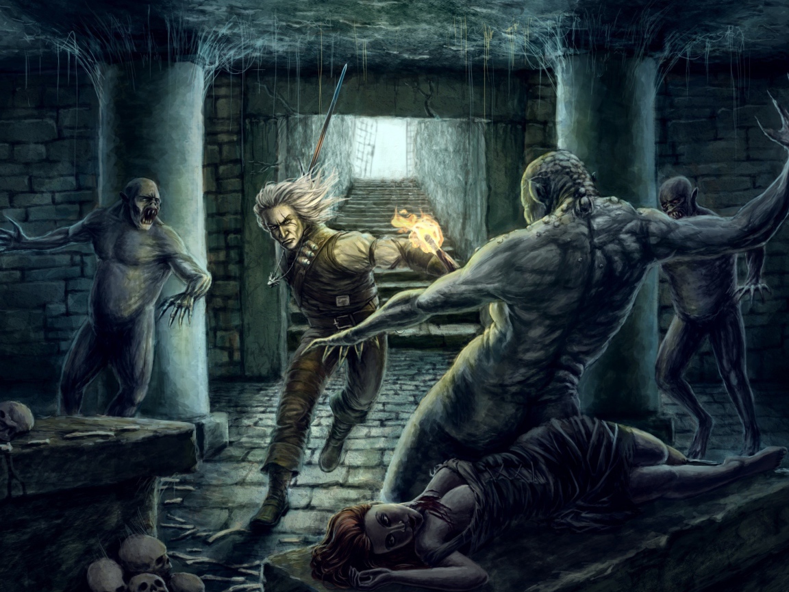 Человек с факелом против монстров