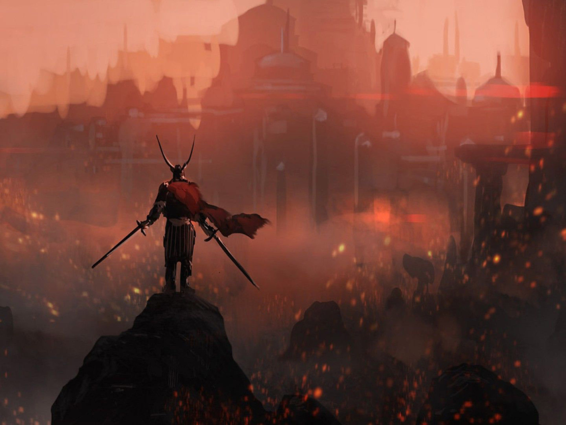 Викинг на фоне горящего города