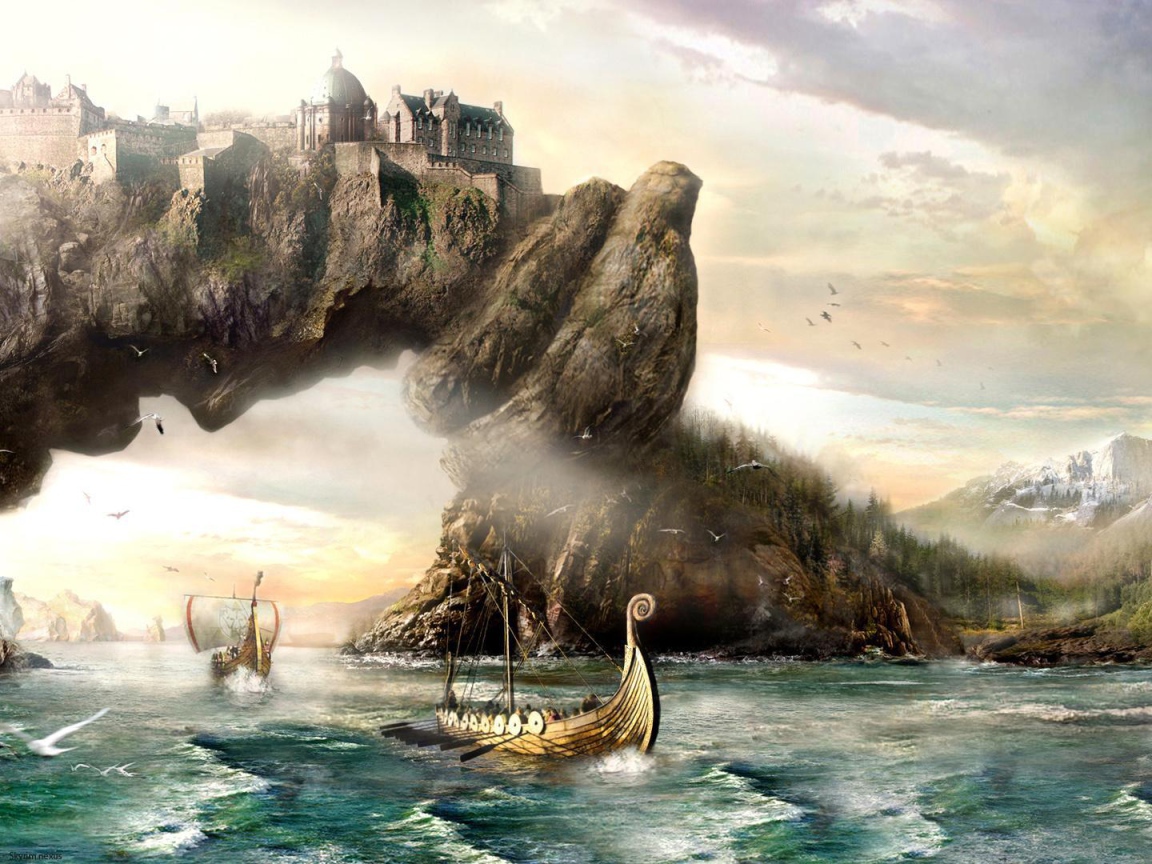 Викинги у скалы