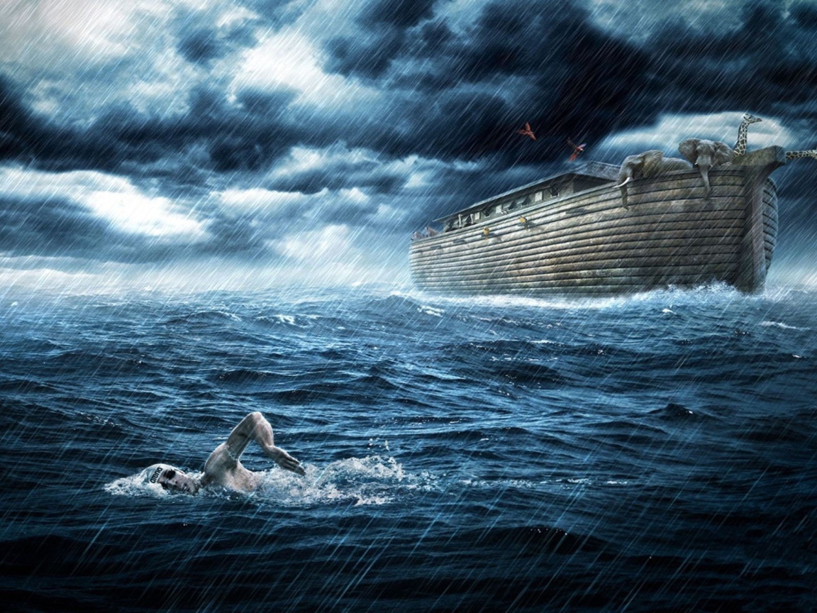 Человек плывет в океане у Ноева ковчега