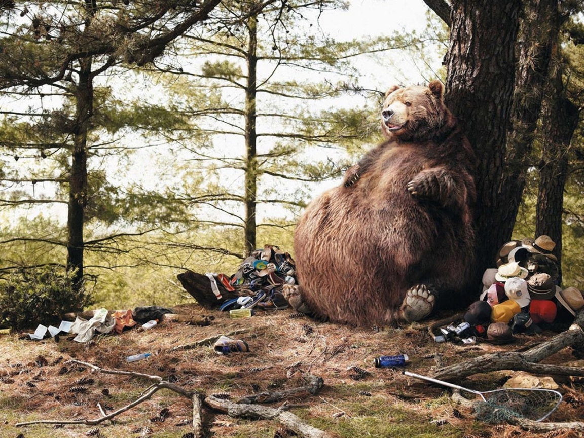 Толстый медведь сидит у дерева