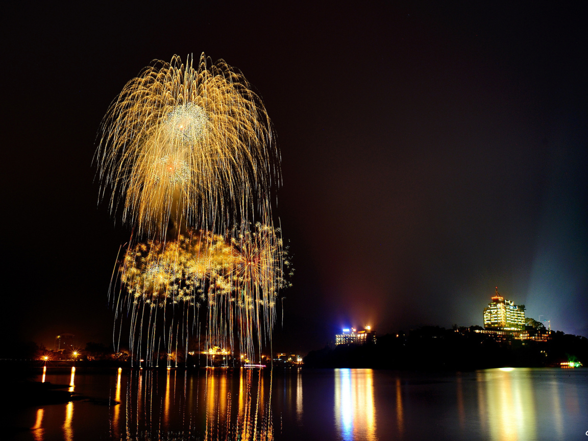 Fireworks is reflected in the water