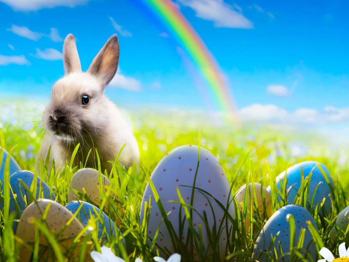 Кролик на фоне радуги на Пасху
