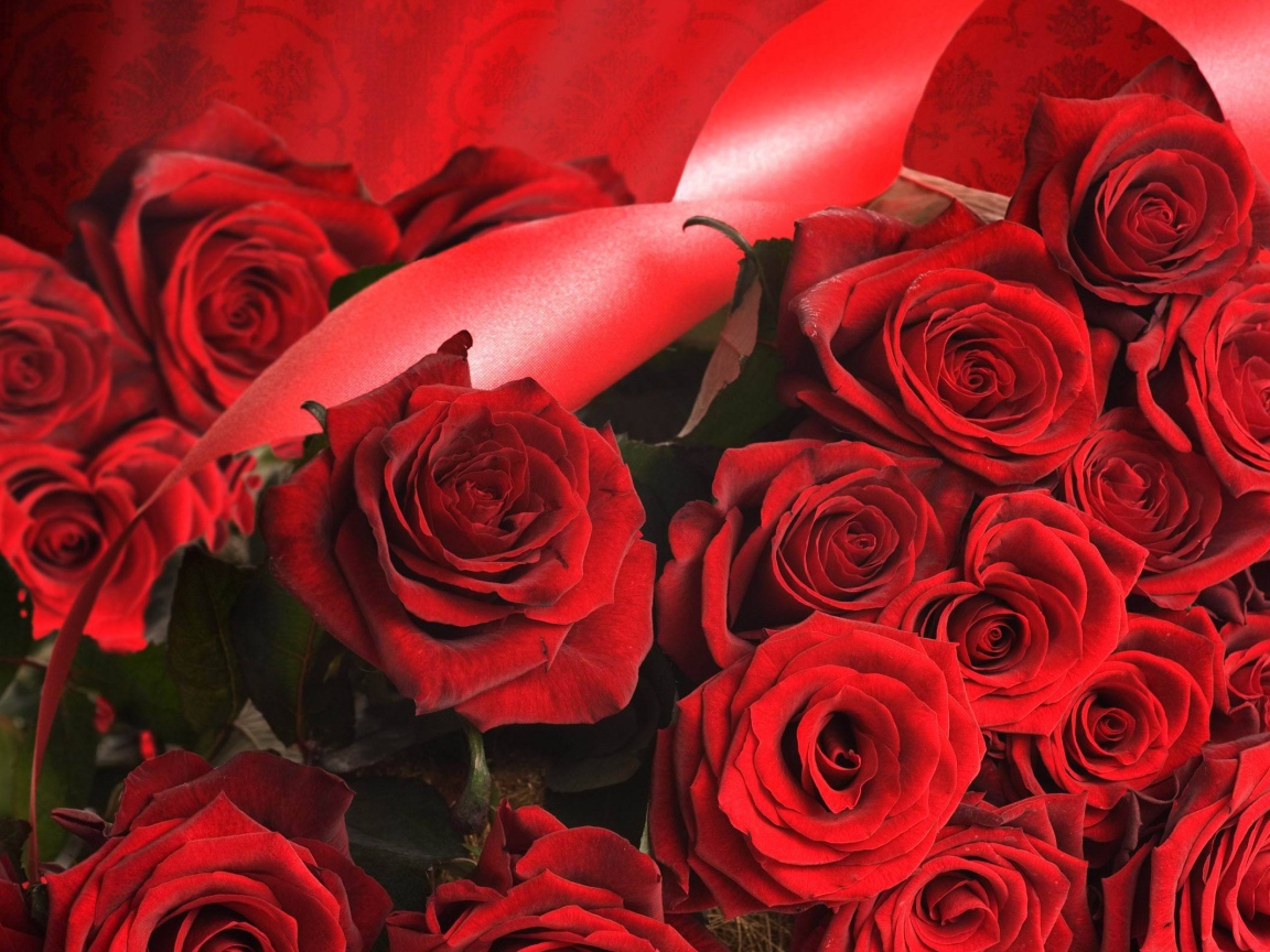 Красные розы на 8 марта с красными лентами