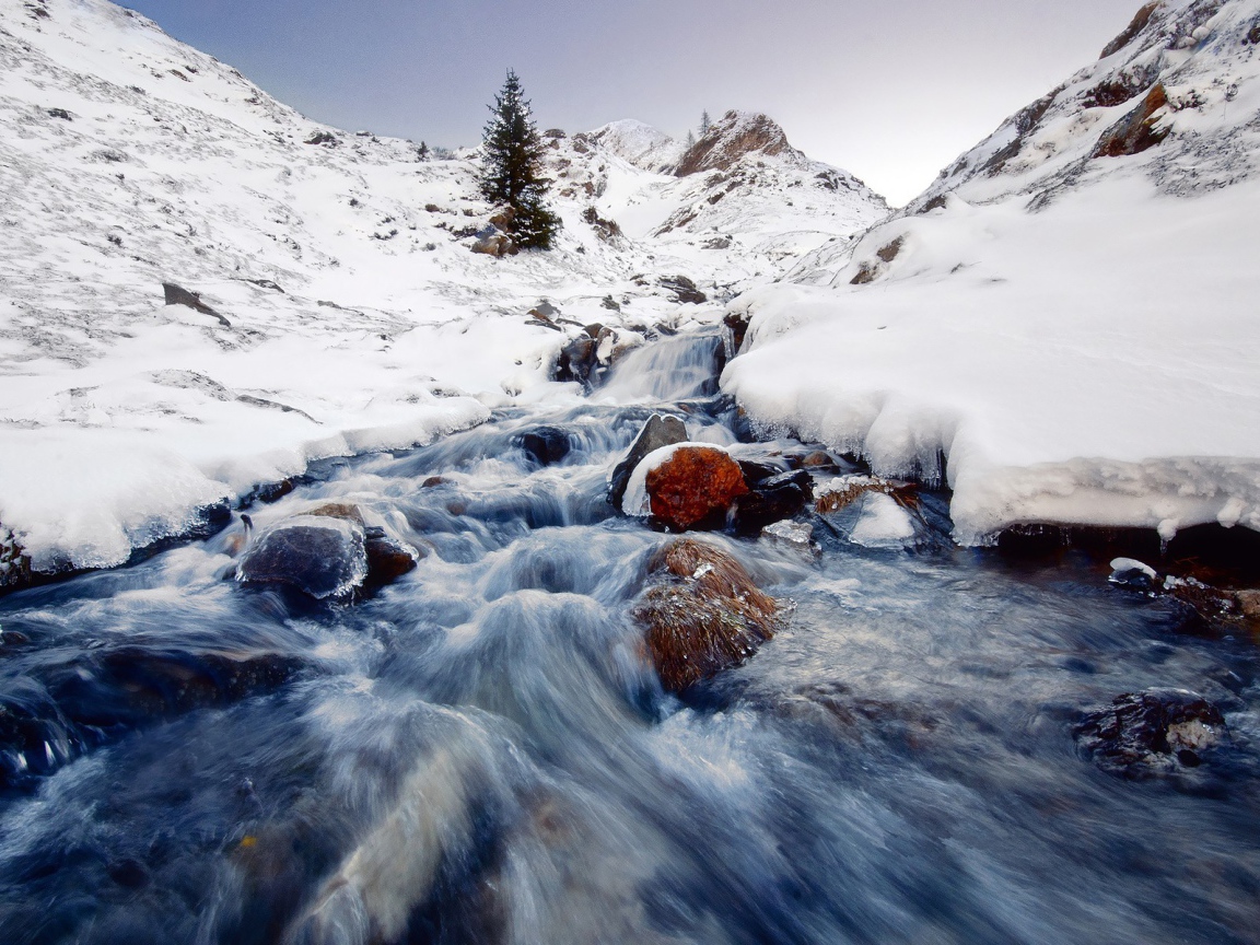 Бурный поток среди снега