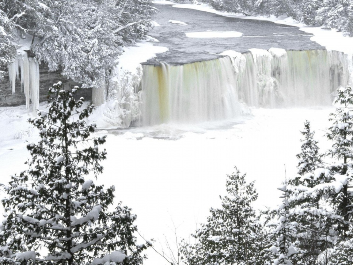 Замерзший водопад среди деревьев