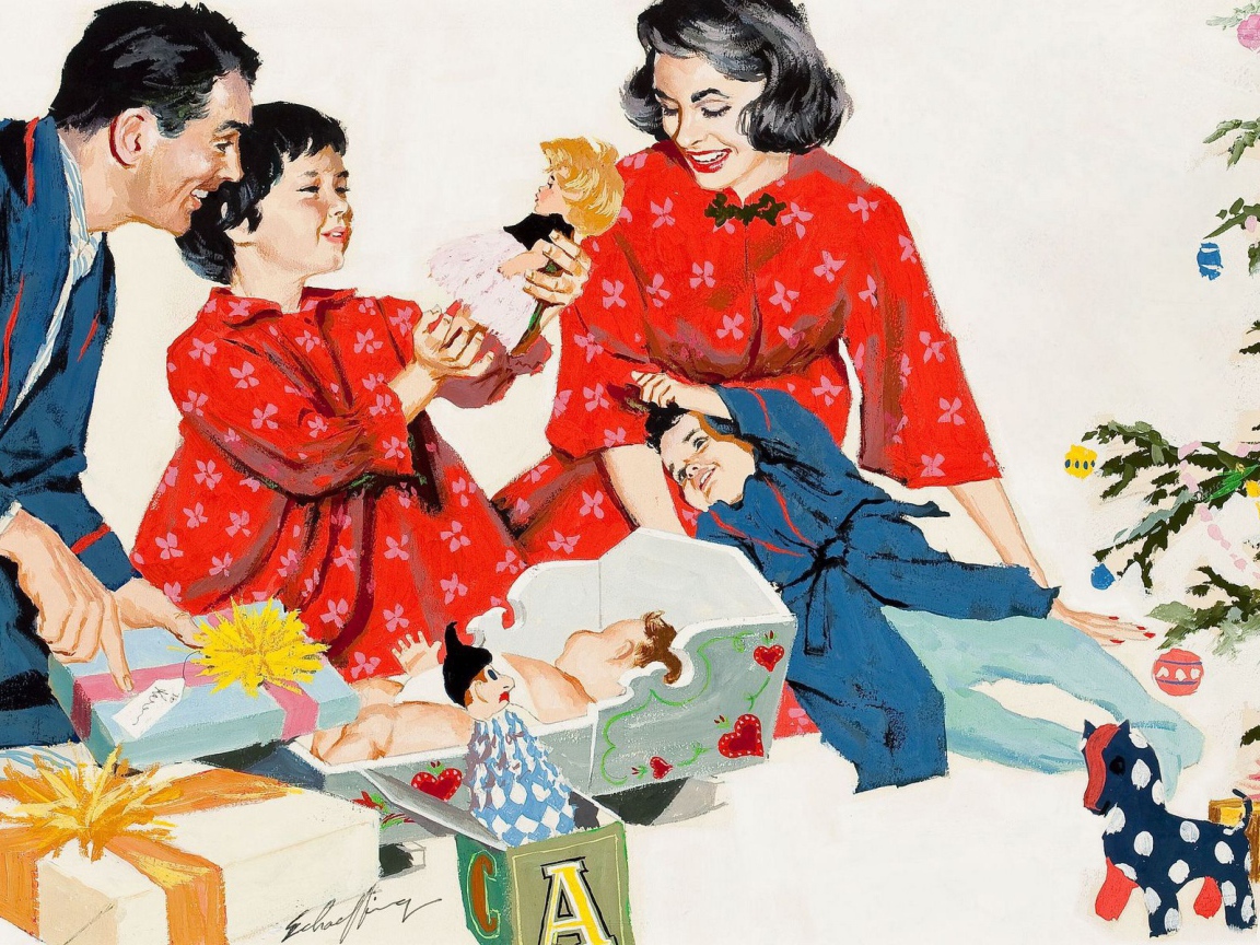 Семья открывает подарки