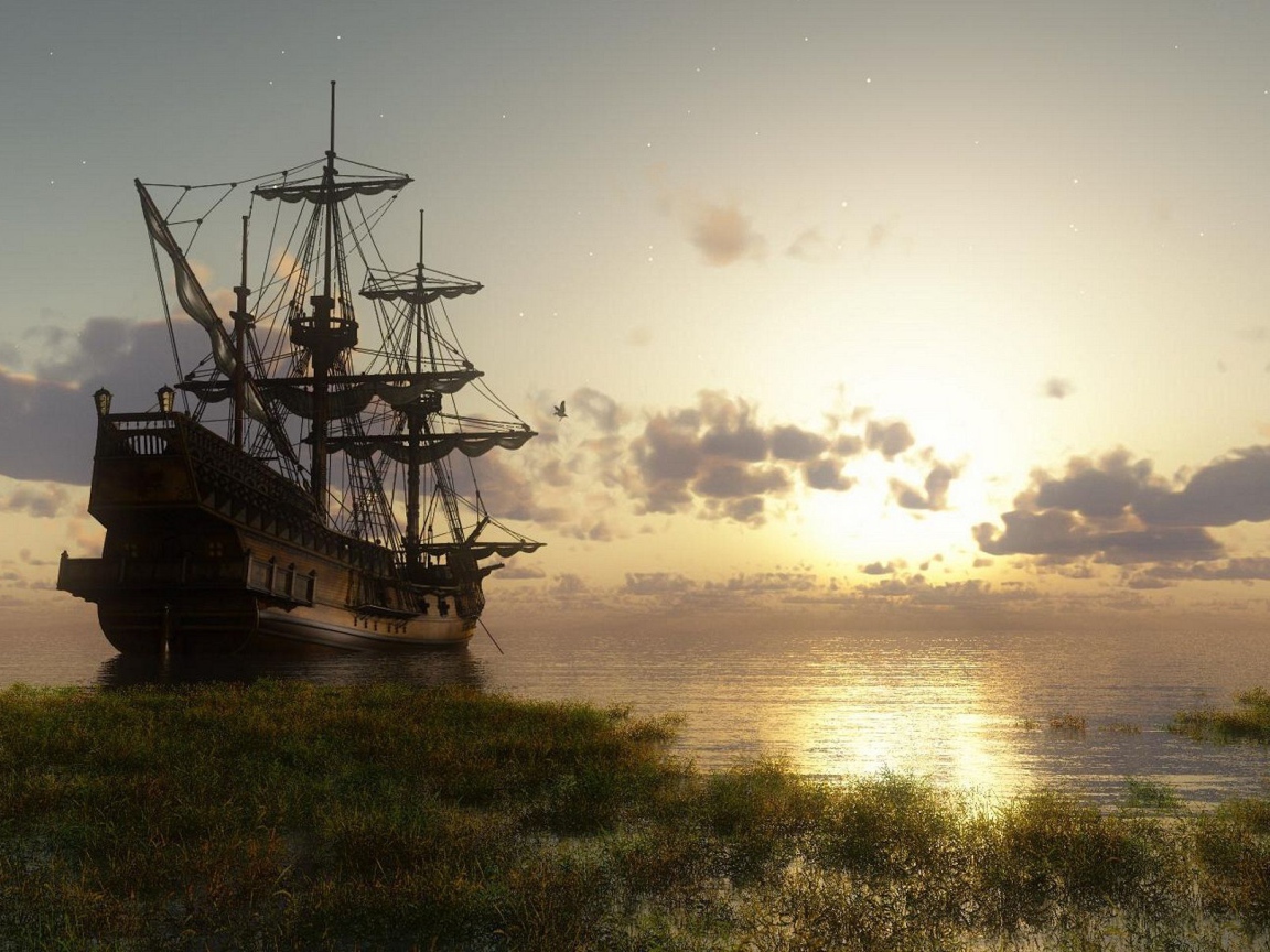 Старинный корабль у берега