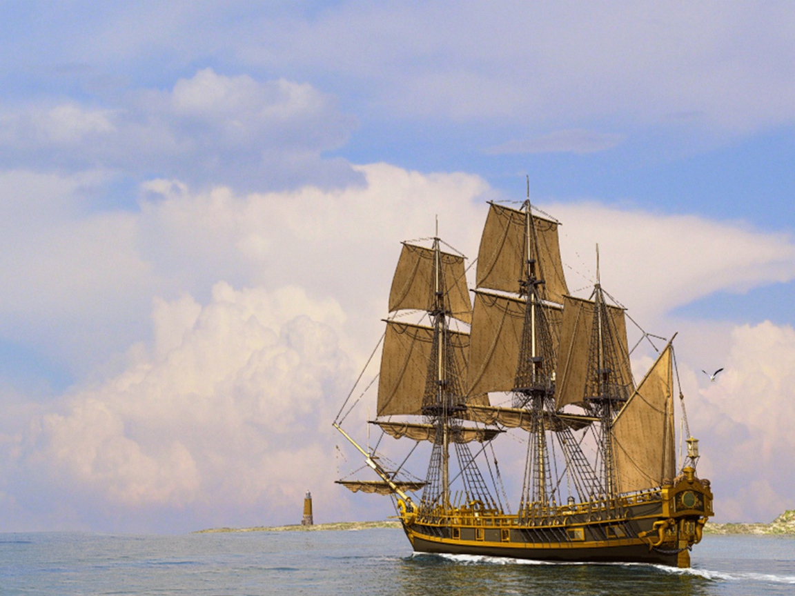 Парусный корабль у маяка