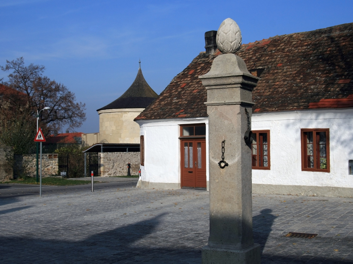 Каменный столб на улице в городе Гайнберг, Австрия