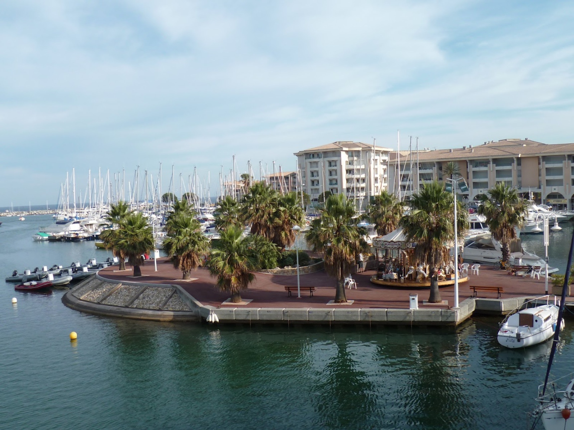 Пальмы на набережной на курорте Порт Де Фрежюс, Франция