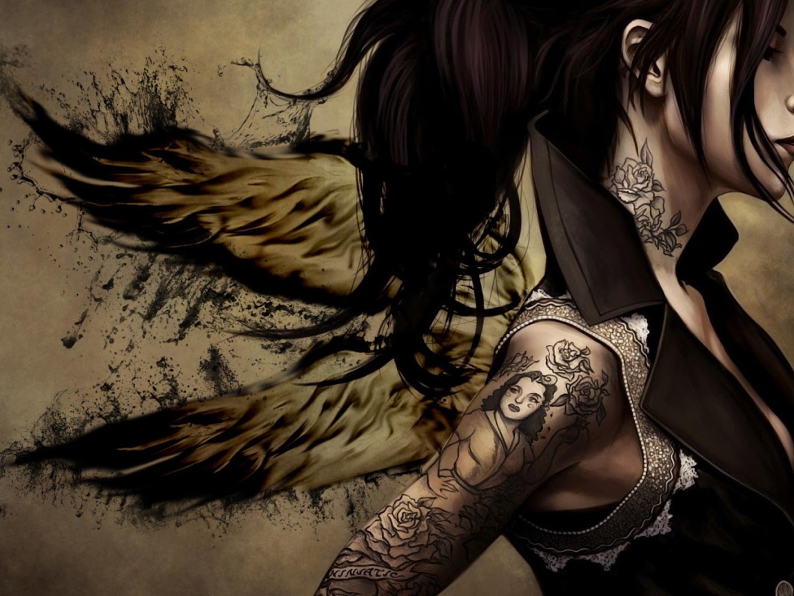 Девушка-ангел с татуировкой на руке