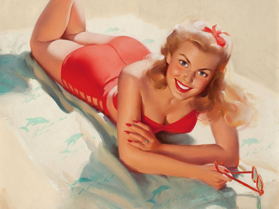 Девушка в красном купальнике, ретро