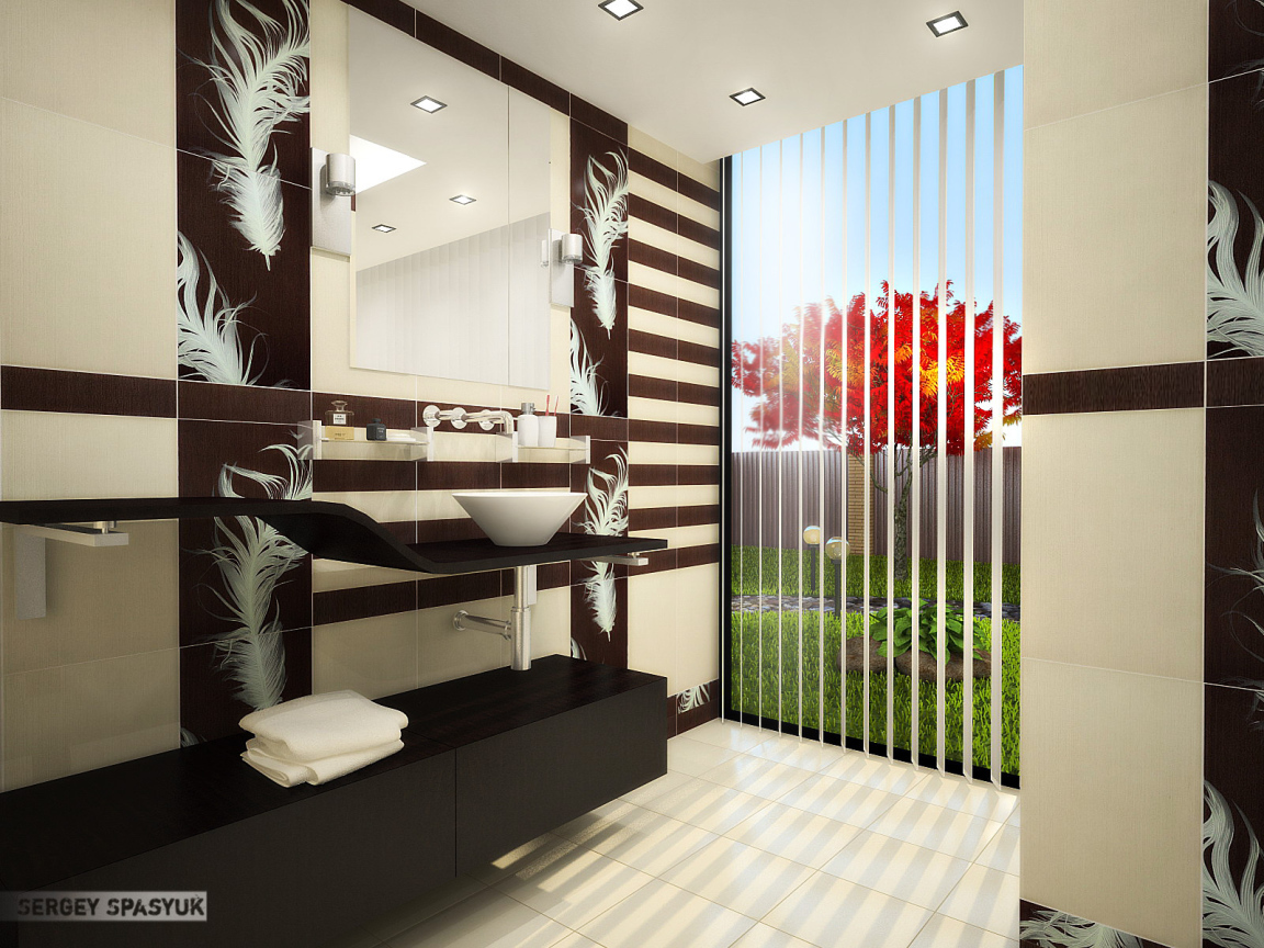 Красное дерево за окном ванной