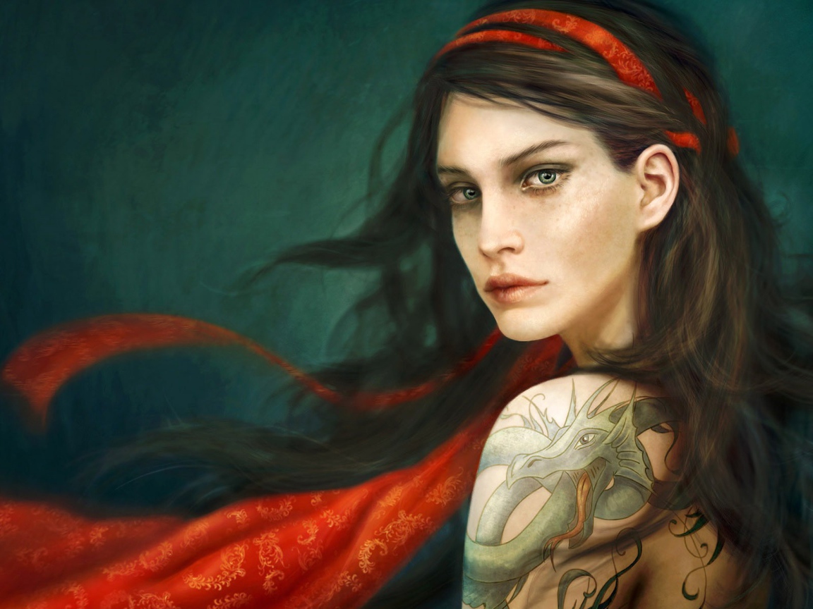 Sad girl with the dragon tattoo on shoulder Desktop wallpapers 1152x864
