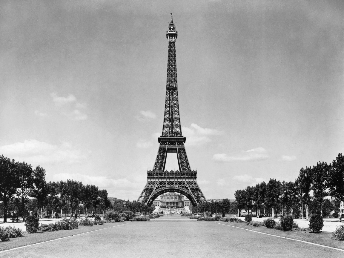 The Eiffel Tower and the park, black and white photo