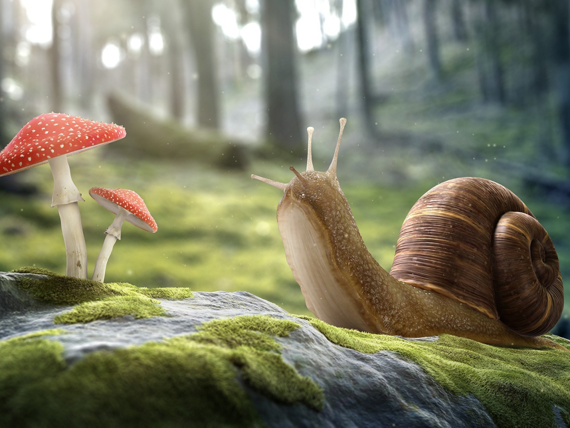 Улитка и пара мухоморов на покрытом мхом камне