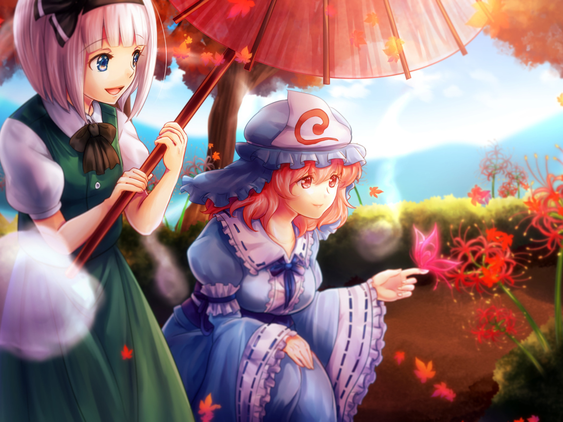 Пара девушек под зонтом в аниме Saigyouji Yuyuko