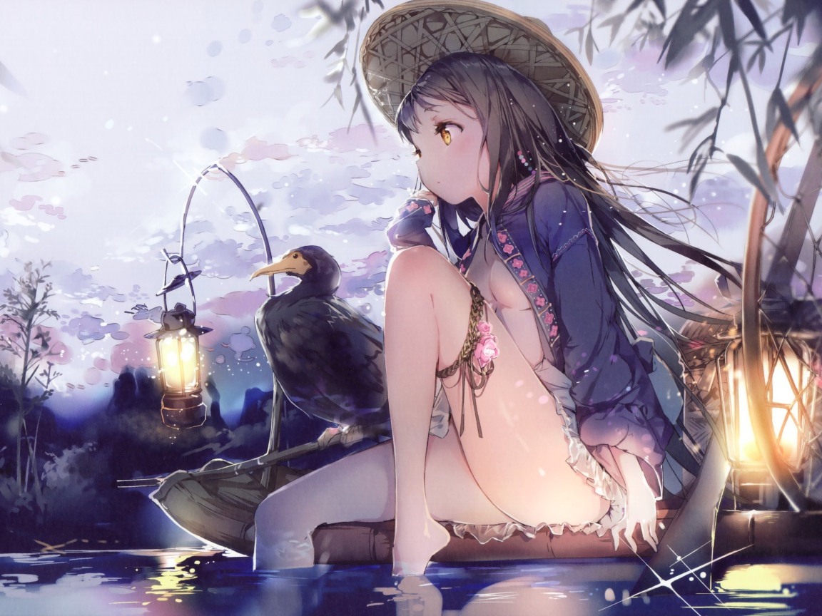 Девушка аниме и утка сидят на лодке